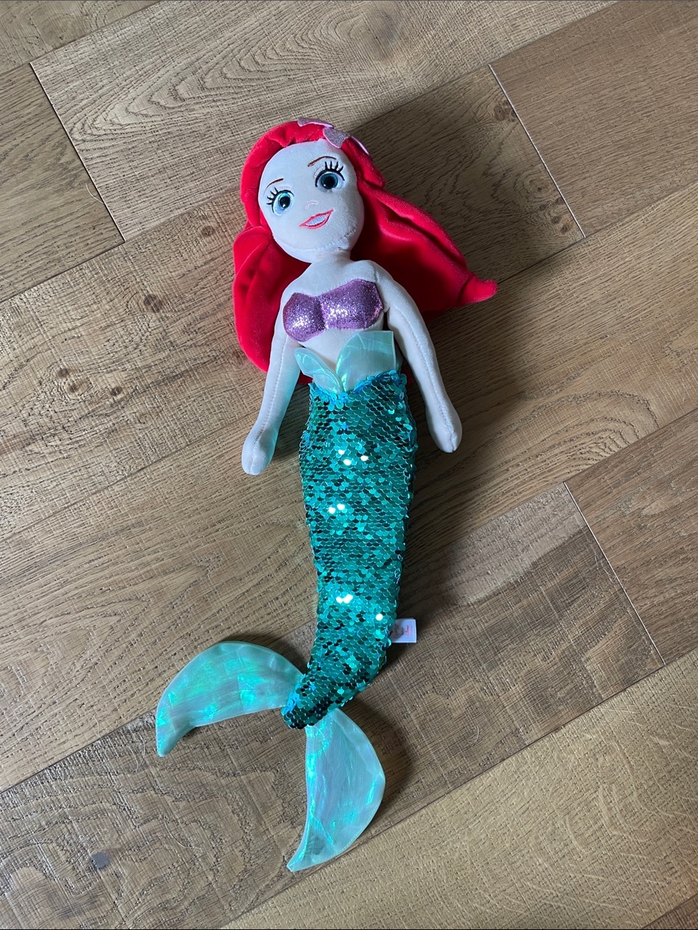 Disney TY Sparkle Ariel Mermaid Doll with Teal Sequin Tail and Purple Top